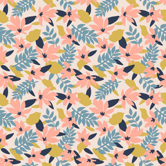 Seamless Floral Pattern. Fashion textile pattern with decorative leaves, flowers and branches in pink. Vector illustration.