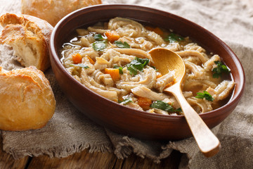 Flaki or flaczki is a traditional Polish meat stew close-up in a bowl served with bread. horizontal