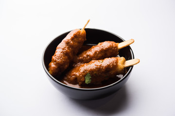 Soya Chaap Curry served in a bowl. Healthy recipe popular in India and Pakistan