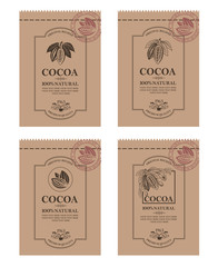 collection of packaging with cocoa beans, branch and leaves