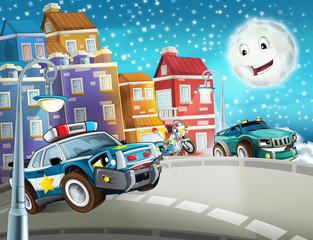 Naklejka premium cartoon scene with police chase motorcycle and car driving through the city - illustration for children