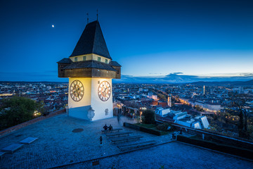 Grazer Uhrturm at night, Styria, Austria