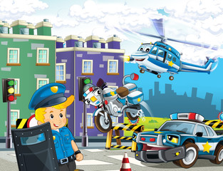 cartoon scene with police car motor helicopter flying and policeman on patrol - illustration for children