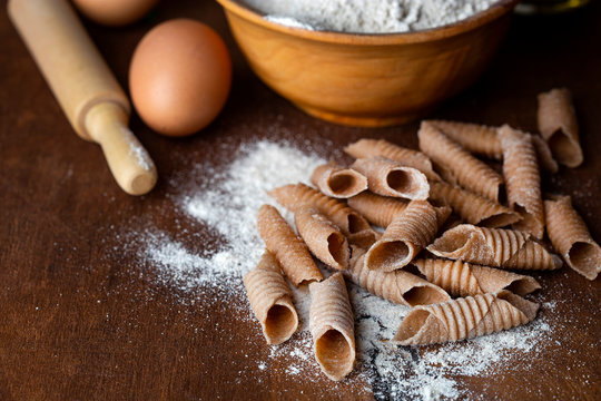 Italian handmade garganelli pasta from spelt flour