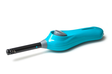 closeup of blue lighter on white background