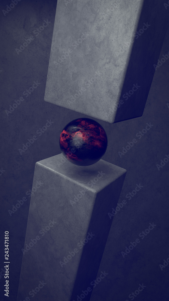 Poster abstract background with geometric shapes and sphere in the center. 3d illustration. architecture wa