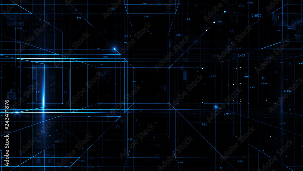 Poster 3d render digital background with block cells and particles. perfect for technology background, pres
