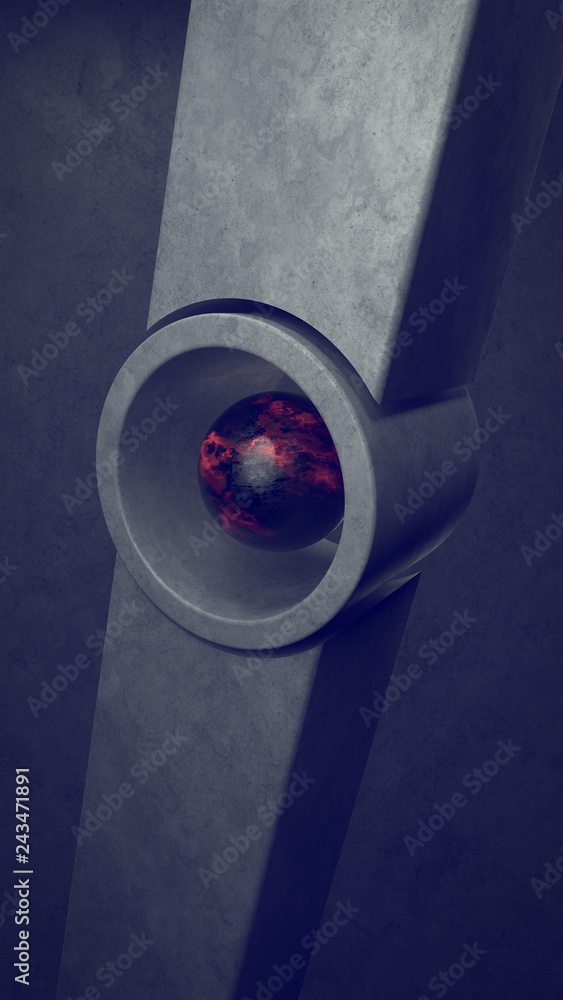 Poster abstract background with geometric shapes and sphere in the center. 3d illustration. architecture wa