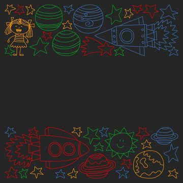 Vector set of space elements icons in doodle style. Painted, colorful, pictures on a piece of paper on blackboard.