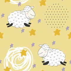 Seamless pattern with funny sheep. Sweet dreams.
