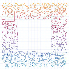 Vector set of space elements icons in doodle style. Painted, colorful, gradient, on a sheet of checkered paper on a white background.
