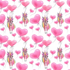 Tapeten Aquarell nahtlose lustige Muster zum Valentinstag mit Einhörnern und Luftballons. Kindertapete. © Aleksandra Foster