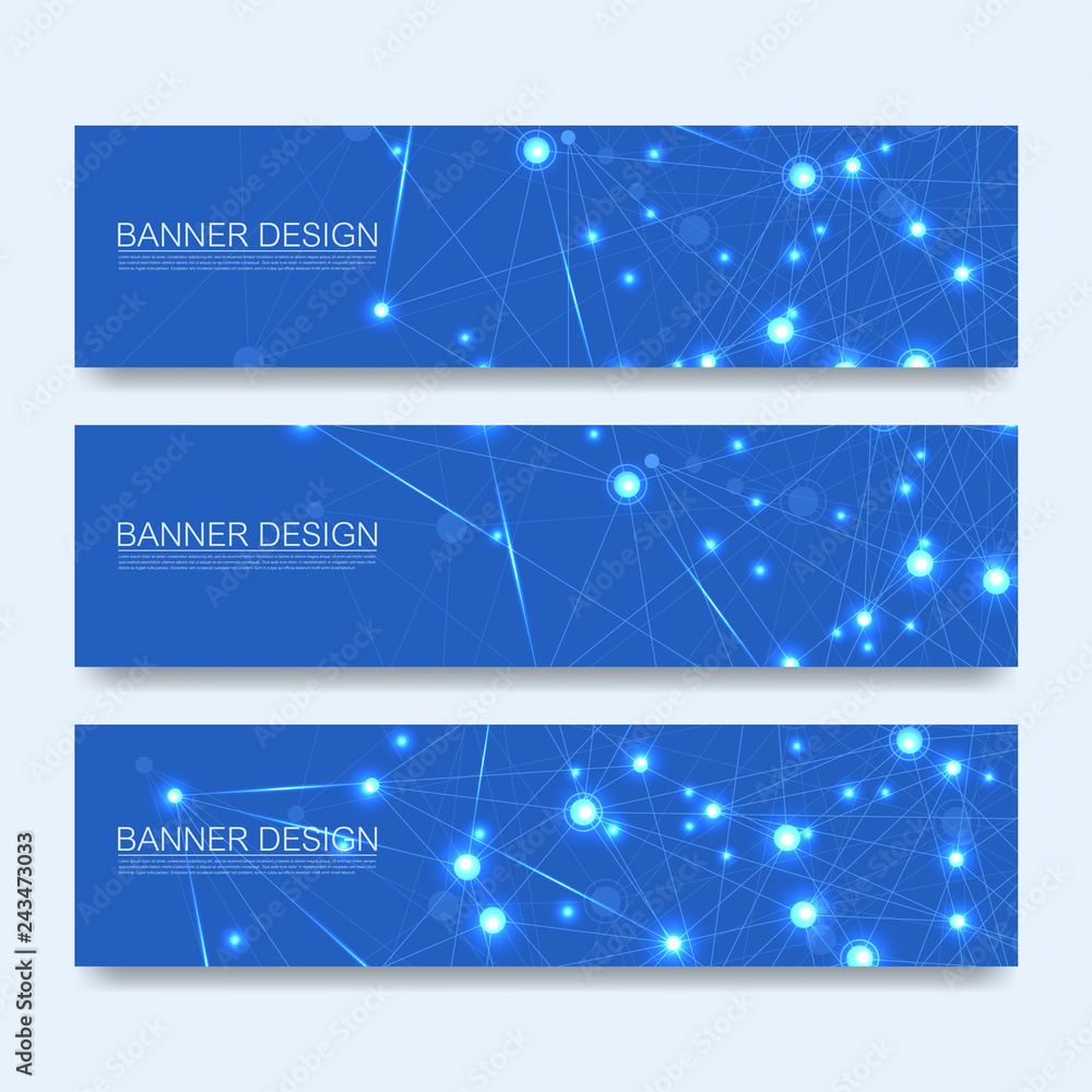 Poster Abstract molecules banners set with lines, dots, circles, polygons. Vector design network communication background. Futuristic digital science technology concept for web banner template or brochure.