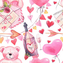 Watercolor romantic seamless pattern for Valentine's Day with teddy bears, bottle of wine, letter, balloons and hearts. 