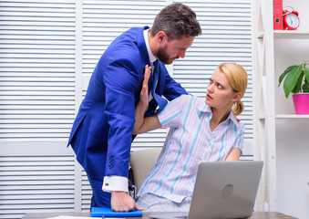 Girl indecent behavior. Manager putting his hand on the shoulder of his secretary, at the office....