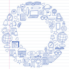 Obraz premium Vector set of secondary school icons in doodle style. Painted, drawn with a pen, on a sheet of checkered paper on a white background.