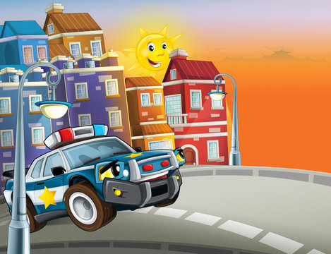 cartoon scene with police car driving through the city - illustration for children © honeyflavour