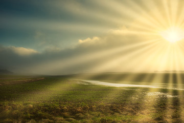 Sonnenstahlen in der Nebellandschaft