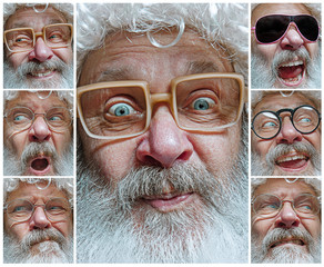 The different human emotions or emotional face of Santa Clause in glasses. The christmas, holiday, expression, senior, emotion, celebration, winter, gesture concept. The facial expression concept