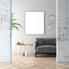 Mock up interior background with velvet sofa, scandinavian style, 3d render 