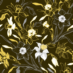 Manual graphic seamless pattern with hand drawn flowers daffodils.