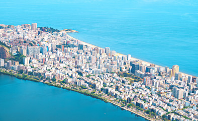 Obraz na płótnie Canvas Rio's Best Beaches with turquoise water: famous Copacabana Beach, Ipanema Beach, Barra da Tijuca Beach in Rio de Janeiro, Brazil. Aerial view of Rio de Janeiro from helicopter. Top view, horizontal