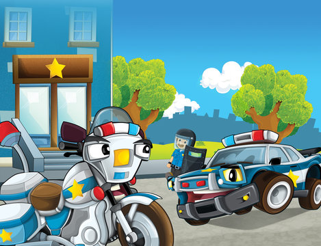 cartoon scene with police car and sports car car at city police station and policeman - illustration for children