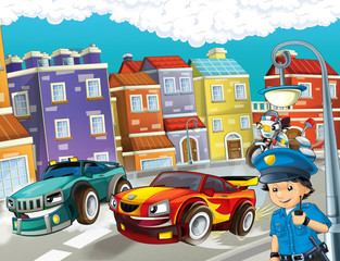 cartoon scene with police chase motorcycle driving through the city policeman - illustration for children