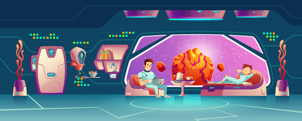 Future starship crew members, female and male astronauts, deep space explores, tourists or colonists couple resting in space station, orbital hotel or colony base room cartoon vector illustration