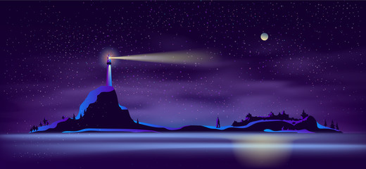 Vector background with lighthouse at night - building on mountain with searchlight, illuminated shore, landscape. Tower for navigation in ultraviolet colors, full moon backdrop. Mist, haze on beach.