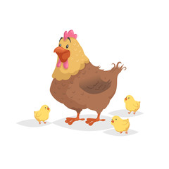 Cartoon funny brown hen with little yellow chickens. Comic trendy flat style with simple gradients. Mother and family vector illustration. Isolated on white background.