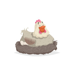 Cartoon happy white hen nestling. Motherhood, easter illustration. Flat with simple gradients design. Vector art isolated on white background.