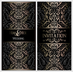 Wedding invitation card with black and gold shiny eastern and baroque rich foliage. Ornate islamic background for your design. Islam, Arabic, Indian, Dubai.