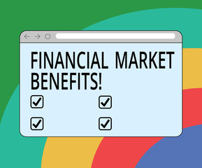 Conceptual hand writing showing Financial Market Benefits. Business photo text Contribute to the health and efficacy of a market Monitor Screen with Progress Control Bar Blank Text Space