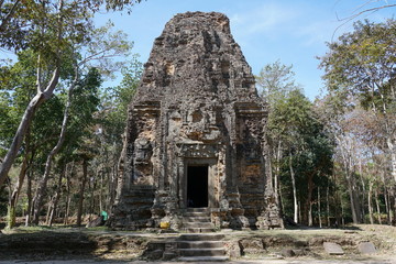 Kampong Thom, Cambodia-January 12, 2019: A ruined temple at Prasat Yeah Puon in Sambor Prei Kuk in Cambodia

