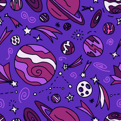 Hand drawn seamless pattern with stars, comets and planets. Violet and purple space background. Space doodle illustration