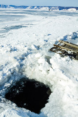 an ice hole for getting drink water from the Baikal lake