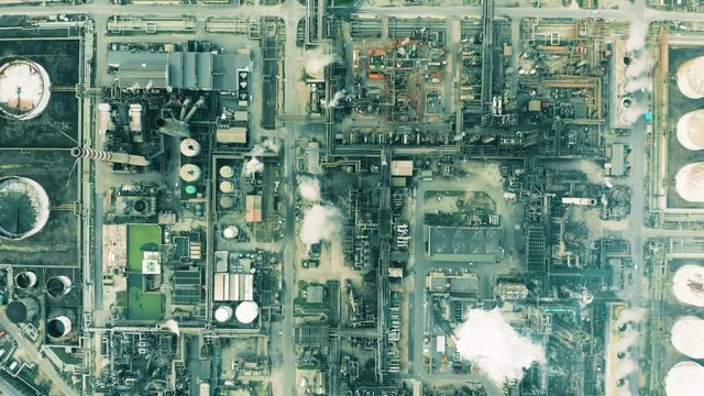 High altitude aerial top down view of big oil refinery