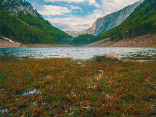 Naklejka na ściany i meble Black lake landscape in Montenegro. Beautiful nature