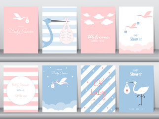 Set of baby shower invitations cards,poster,greeting,template,stork,animal,Vector illustrations