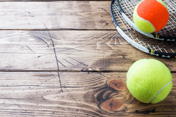 Tennis Ball on Wood Background, Sport Concept and Idea, Rustic Style. - obrazy, fototapety, plakaty