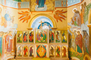 an interior of the Church of the Intercession of the Holy Virgin by sunny winter day