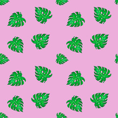 Green and pink tropical pattern monstera leaves, illustration seamless pattern in good resolution painted in watercolor. May be used as background texture, wrapping paper, textile or wallpaper design