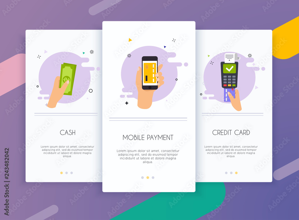 Poster onboarding screens user interface kit for mobile app templates concept of payment methods. cash, int