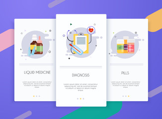 Onboarding screens user interface kit for mobile app templates concept of medicine. Medic and healthcare vector flat banners.
