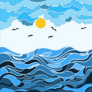 Abstract drawing in the style of a dudling sea, waves and sky. Nature in an abstract style.