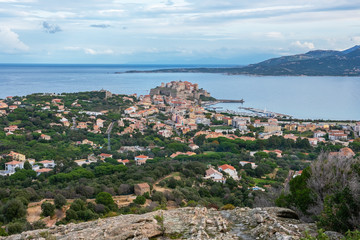 Beautiful view from the mountains to the historic city of Calvi, Corsica, France