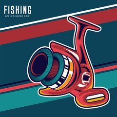 Fishing Retro Poster: Inflatable Boat and Equipment for Fishing. Vector illustration