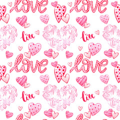 Watercolor seamless pattern texture for Valentine's Day. Hand painted background. Romantic illustration perfect for design greetings, prints, flyers,cards,holiday invitations and more.