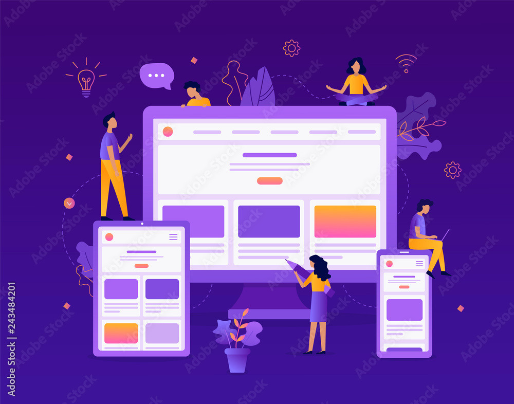 Fototapete Developers are testing an adaptive website on a tablet, computer and smartphone. Web development concept. Flat vector illustration.